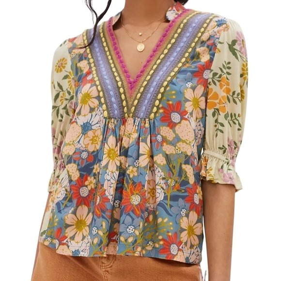 Bl^nk London Anthropologie Stephanie Top XS Floral V-Neck Embroidered Boho Blue - Picture 8 of 8